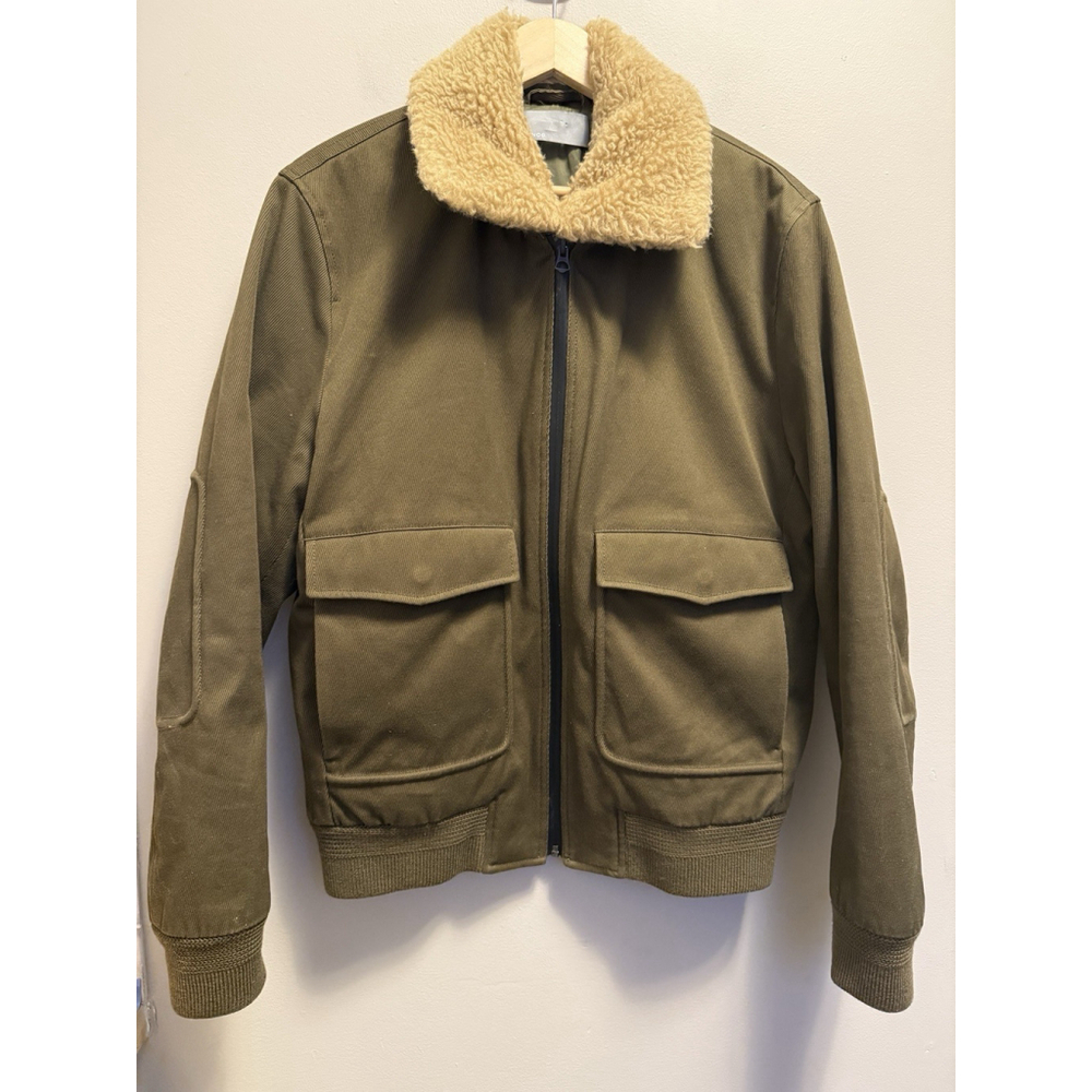 Vince Men's Faux Shearling Front Zip Bomber‎ Jacket Infantry Green Size Medium